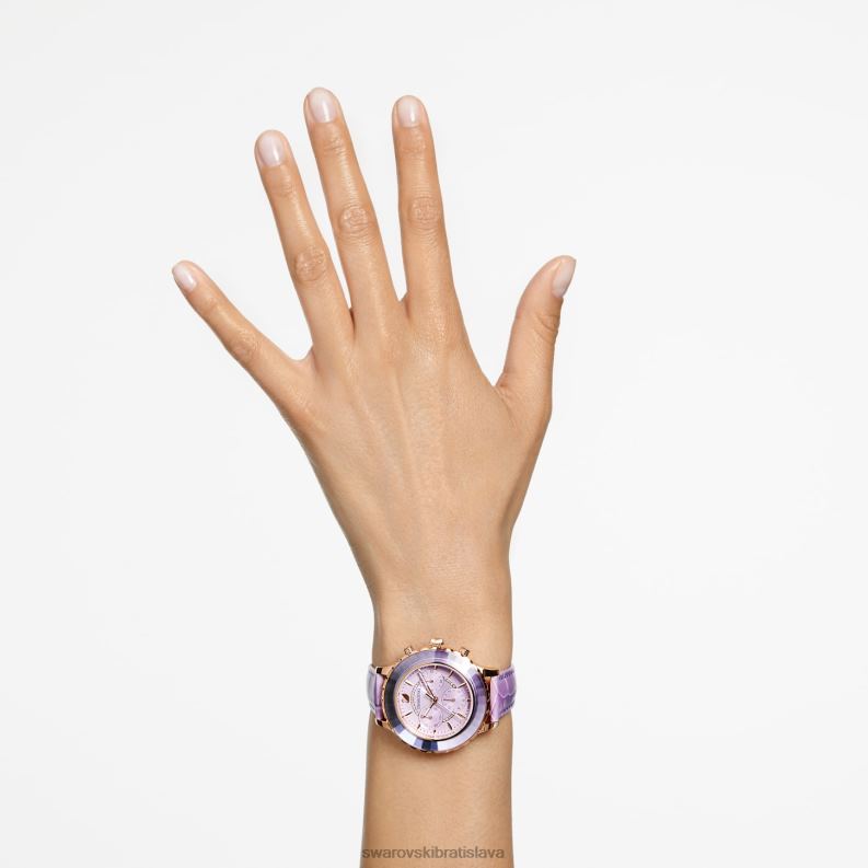 hodinky octea lux chrono švajčiarska výroba, kožený remienok, fialová, povrchová úprava v ružovom zlate B8ZNT1157 Swarovski príslušenstvo - Image 2