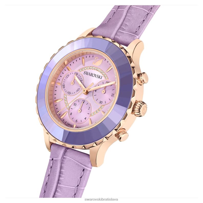 hodinky octea lux chrono švajčiarska výroba, kožený remienok, fialová, povrchová úprava v ružovom zlate B8ZNT1157 Swarovski príslušenstvo - Image 5