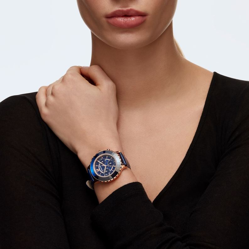 hodinky octea lux chrono švajčiarska výroba, kožený remienok, modrá, povrchová úprava ružové zlato B8ZNT1164 Swarovski príslušenstvo - Image 2