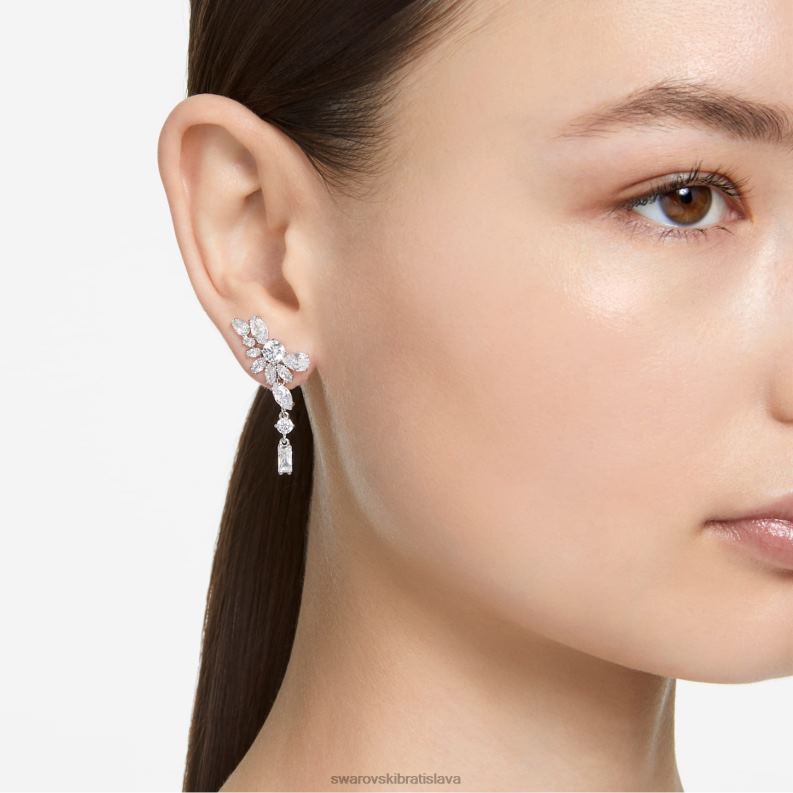 visiace náušnice gema asymetrický dizajn, zmiešané strihy, kvet, biela, rhodiované B8ZNT854 Swarovski šperky - Image 2